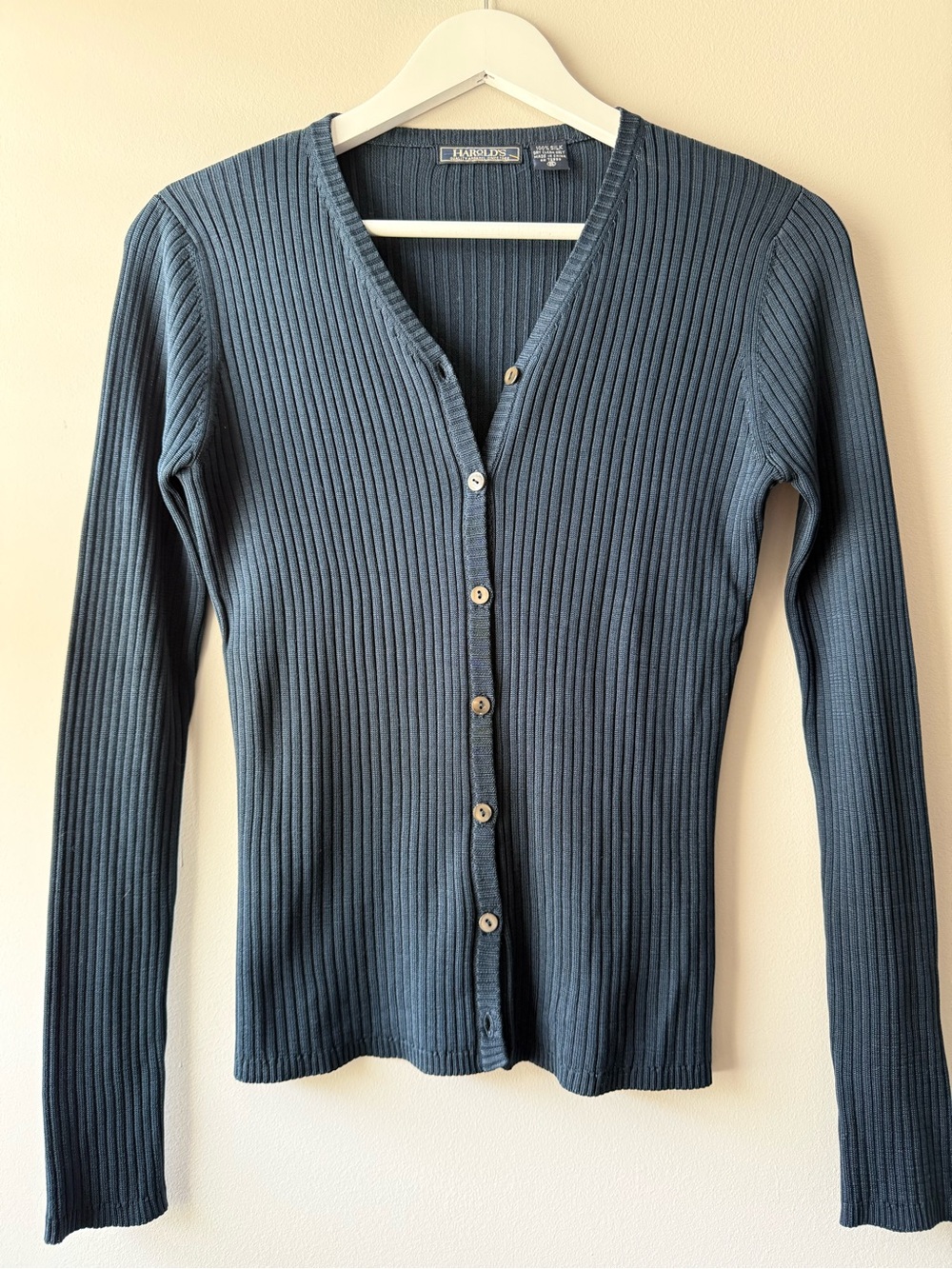 Harold’s 100% Silk Ribbed Cardigan Blue Button Front Sweater Size S